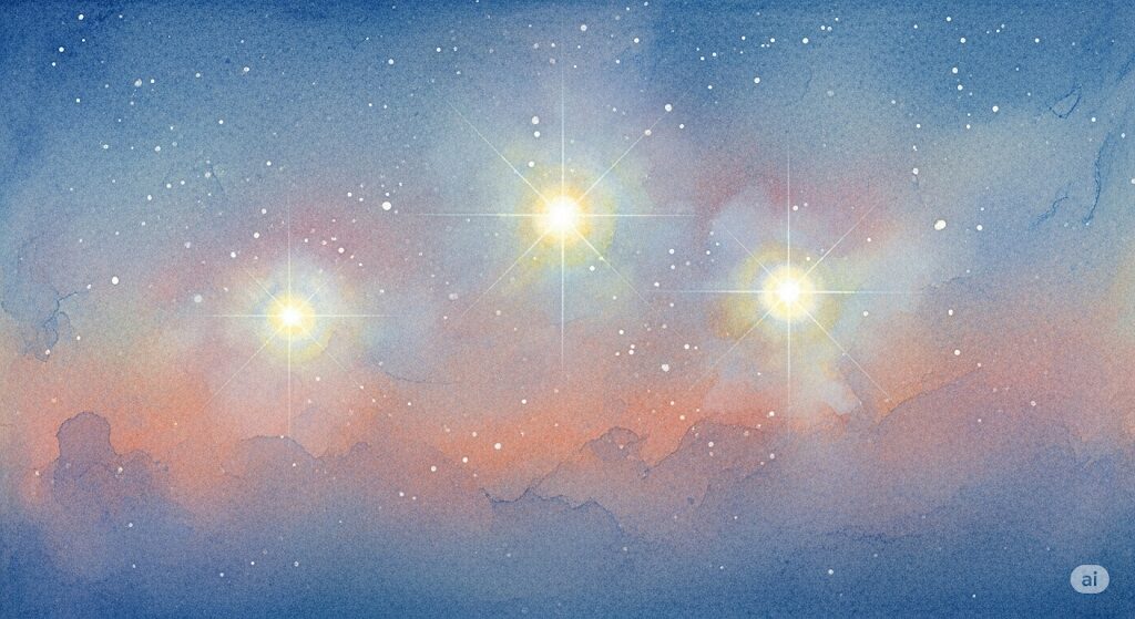 オリオン座の三ツ星(アルニタク、アルニラム、ミンタカ)が持つ、古来からの特別な意味やスピリチュアルなメッセージを象徴する神秘的なイラスト。