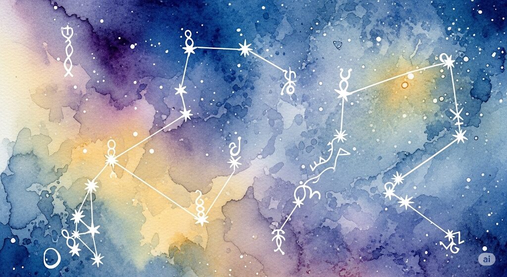 あなたを導くオリオン座の星言葉。星座占いやスピリチュアルなメッセージに関心がある人へ、人生の指針やインスピレーションを与える神秘的なイラスト。