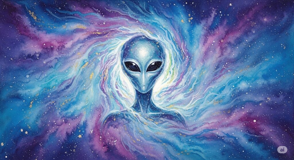 宇宙人の魂や、スターシード、魂の起源といったスピリチュアルなテーマを象徴する神秘的なイラスト。