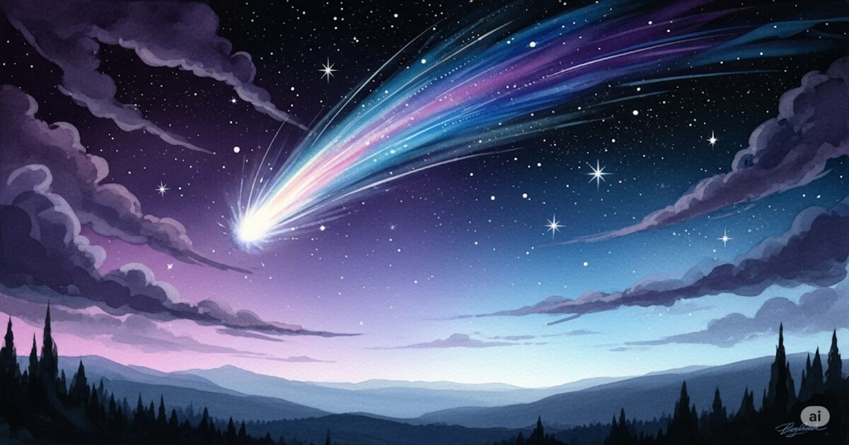 夜空を横切る彗星の神秘的な水彩画、スピリチュアルな意味と幸運のサインを象徴