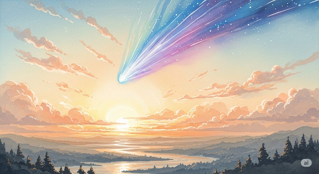 夜明けの空に現れる彗星の神秘的な水彩画、変化と新たな始まりの象徴