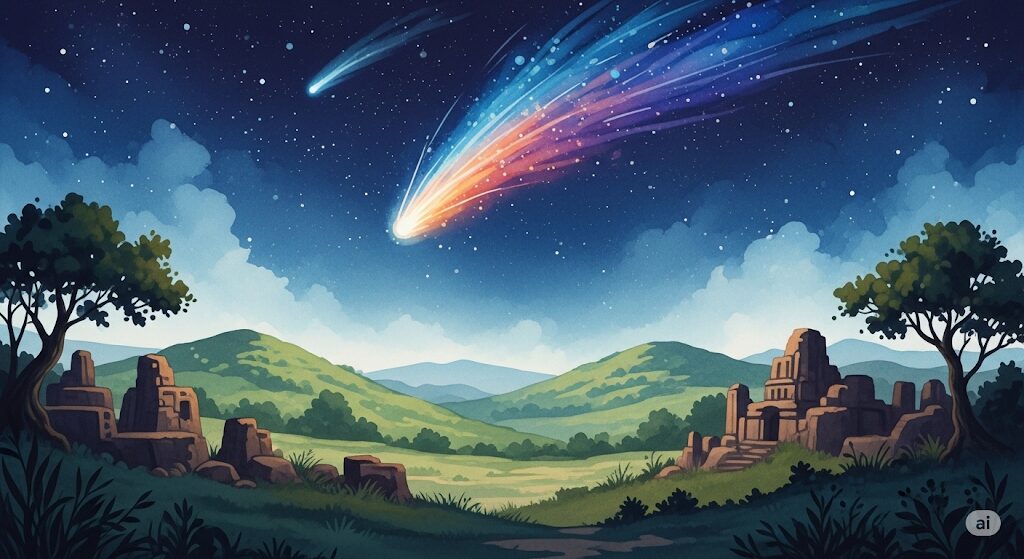 空に彗星が輝く古代の風景を描いた神秘的な水彩画、歴史的な言い伝えを喚起させる