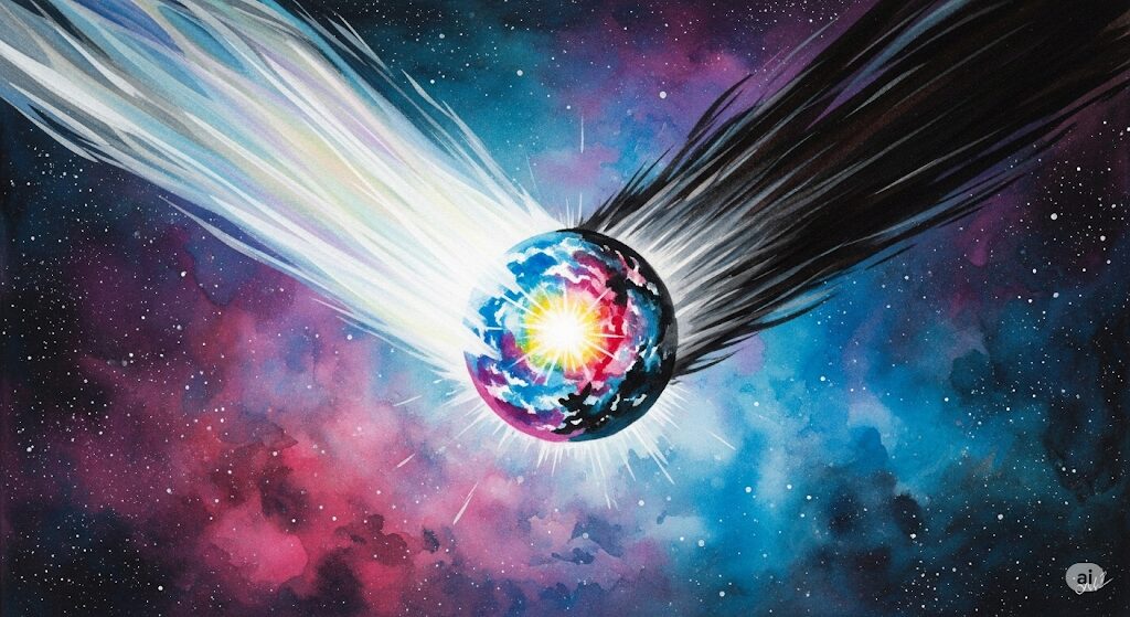 光と闇の二重の尾を持つ彗星の神秘的な水彩画、幸運と不吉の二面性を象徴