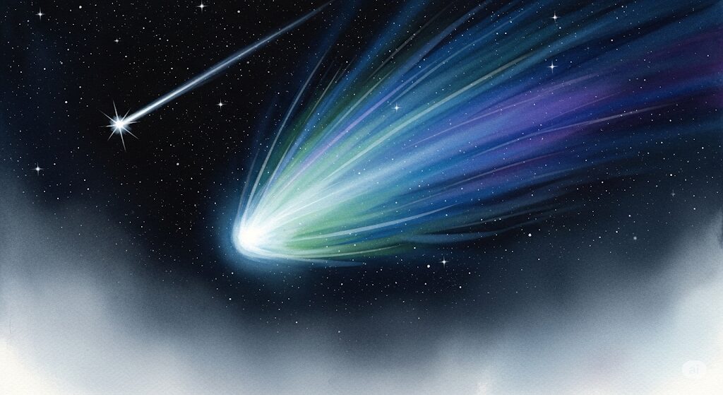 同じ夜空に浮かぶ、長く尾を引く彗星と一瞬で消える流れ星を対比させた神秘的な水彩画