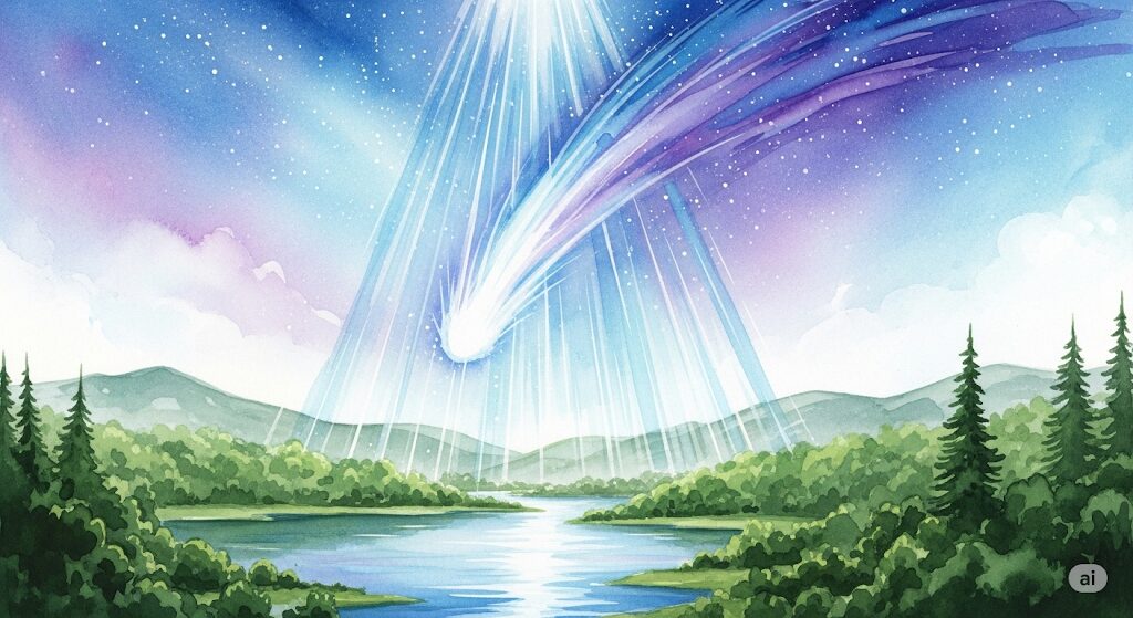 彗星の光が静かな風景に降り注ぎ浄化する様子を描いた神秘的な水彩画、魂の浄化と解放を象徴