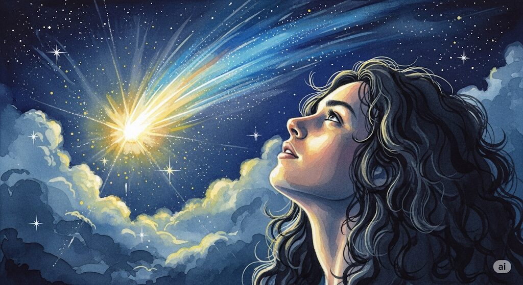 輝く彗星を見上げ、そのスピリチュアルな力を感じている人物を描いた神秘的な水彩画