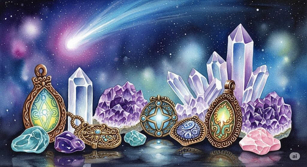 遠くの彗星の光の下で輝く、クリスタルやお守りなどのスピリチュアルアイテムを描いた神秘的な水彩画
