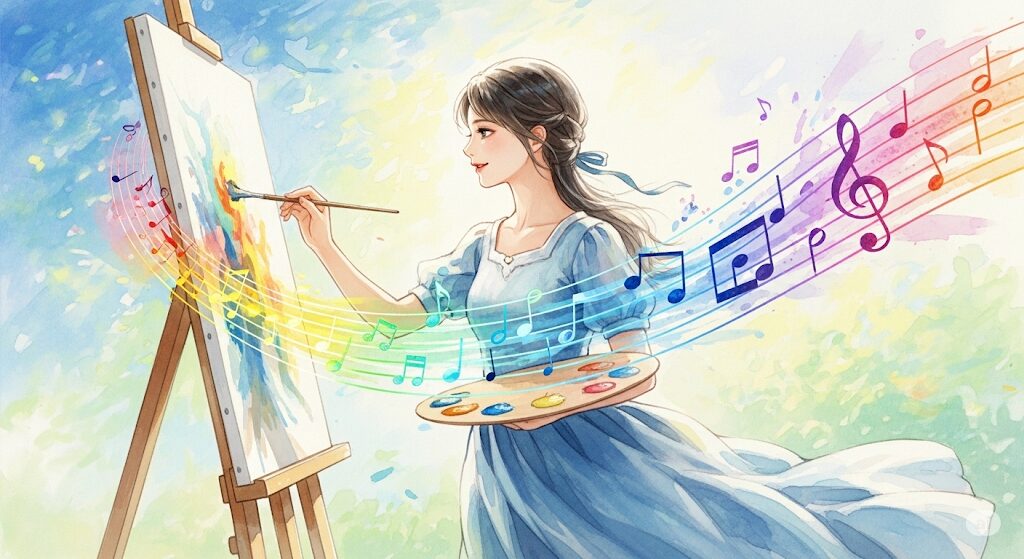 むじが3つある女性の芸術的センスを象徴する、光のキャンバスに絵を描き音符が舞う様子