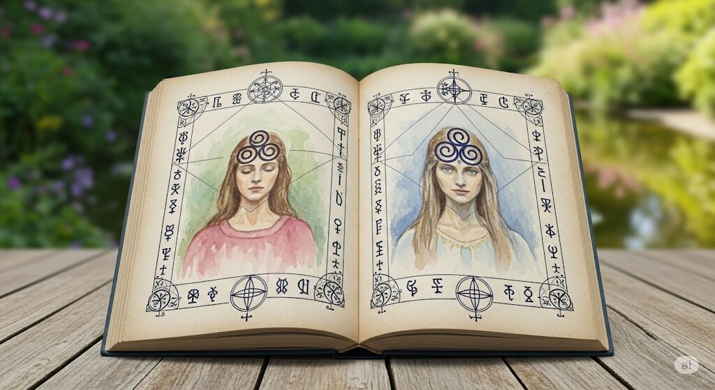 つむじ3つに関する他の言い伝えが記された、神秘的なシンボルが描かれている古い本