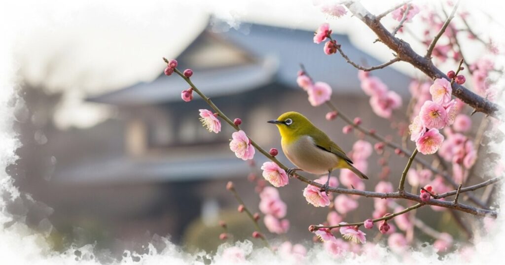 梅の枝にとまるメジロと、背景に優しく佇む家を描いたスピリチュアルな雰囲気の水彩画