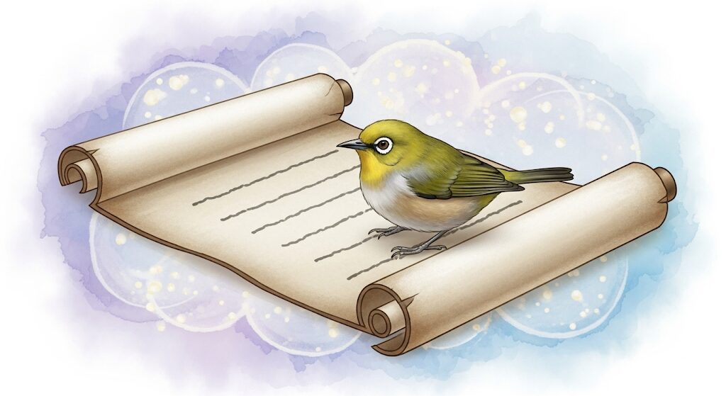 幸運の言い伝えを象徴する、古い巻物の上に描かれたメジロの神秘的な水彩画