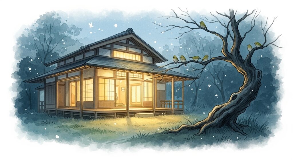 毎年メジロが訪れる家の、温かく神秘的なエネルギーを描いた水彩画