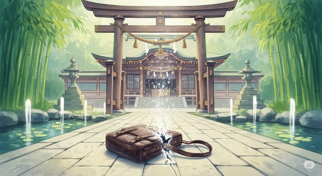 神社の境内で紐が切れたカバン。神聖な光が放たれ、特別な意味や神仏からのメッセージを象徴する水彩画