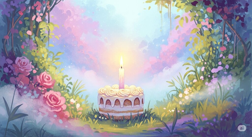 幻想的な風景の中にあるバースデーケーキと一本のろうそくの水彩画