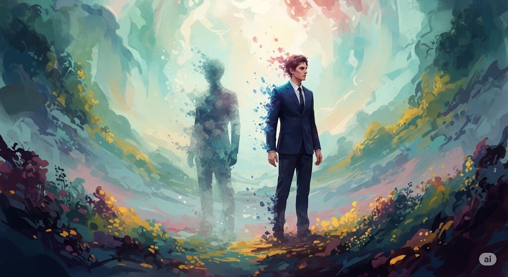 幻想的な風景の中で人物が入れ替わる様子を描いた水彩画