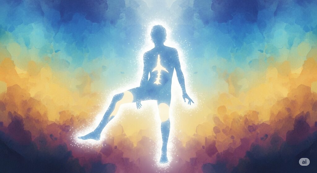 ほのかなオーラを放ち体が透けて見える人物のシルエットを描いた神秘的な水彩画