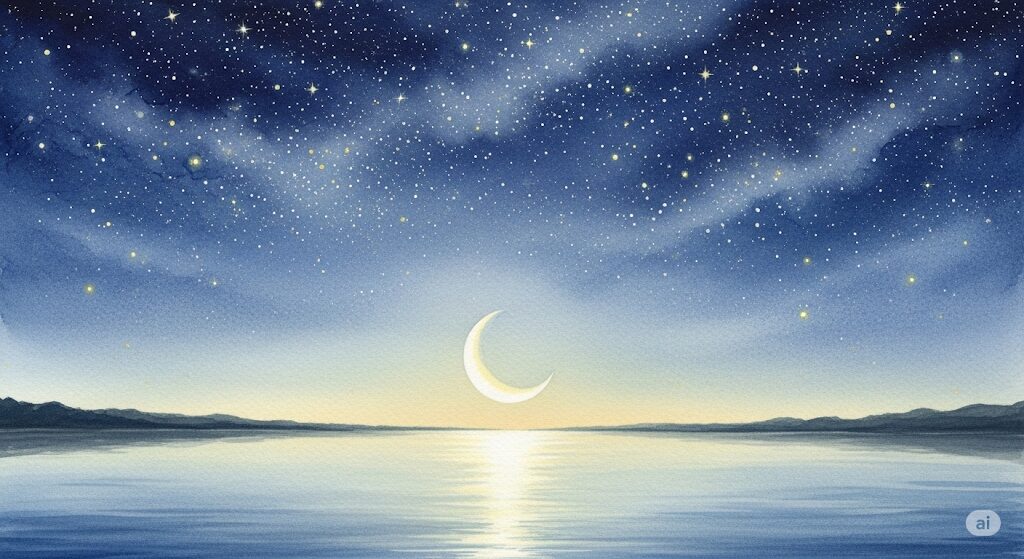 眠れない夜のスピリチュアルなメッセージを表現した、星空と三日月が穏やかな水面に映る神秘的な水彩画