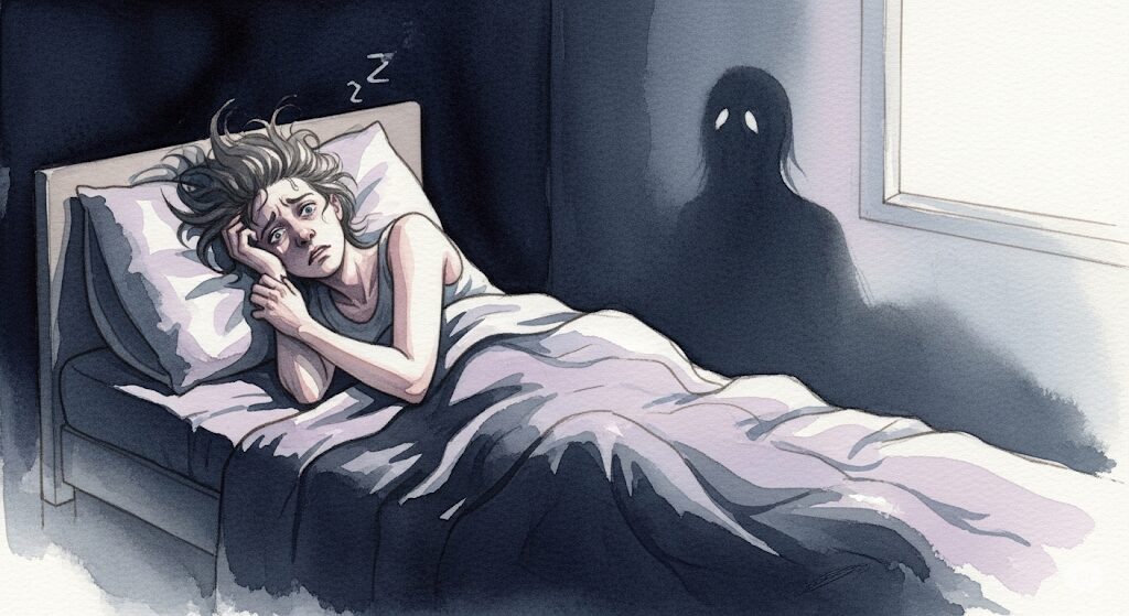 眠れないのは霊障の可能性も?ベッドで苦しむ人のそばに黒い影が描かれた水彩画