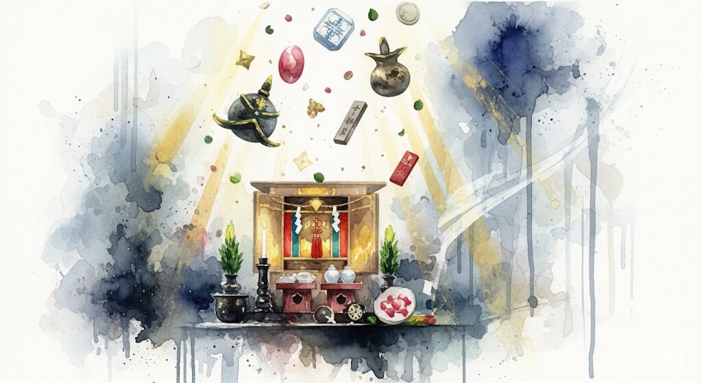 神棚から物が落ちるスピリチュアルなサインを描いたイラスト。神聖な祭壇から物が落下する神秘的な水彩画