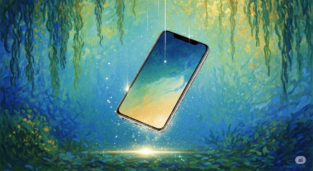 スマホが落ちるスピリチュアルな暗示を表現した神秘的な水彩画。スマートフォンが落下する様子のイラスト