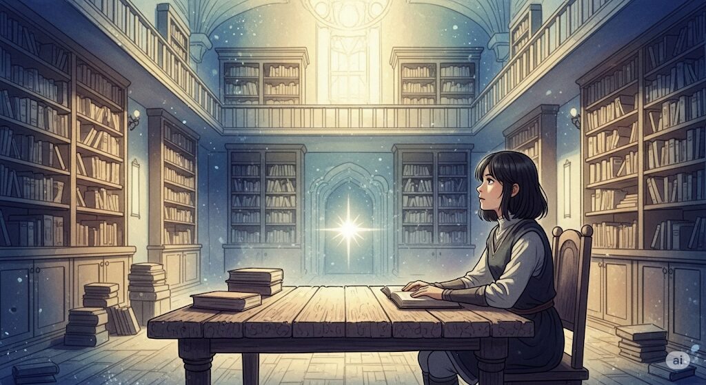 広大な図書館で、魂の課題を象徴する一点の光を見つめる一人の学生