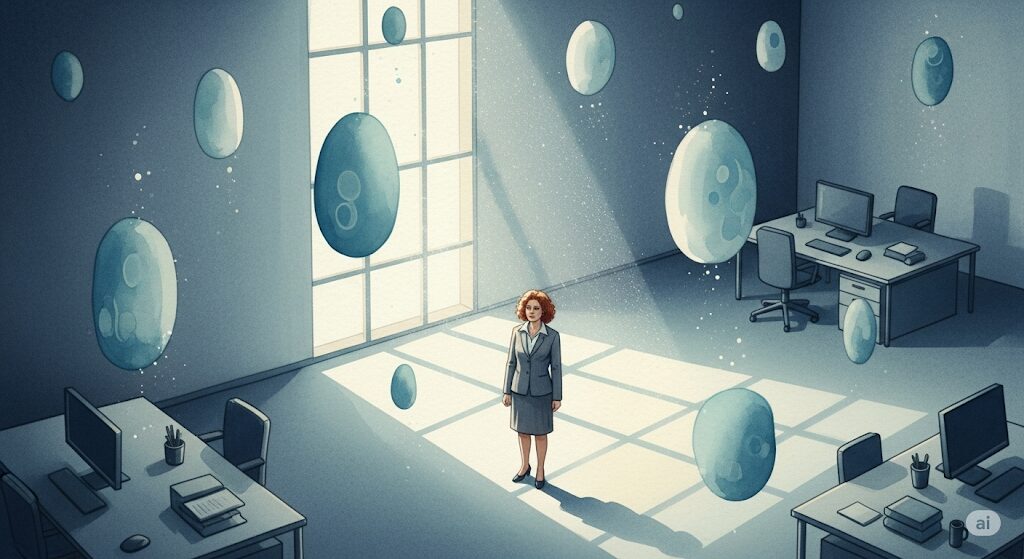 職場での孤独を意味する、がらんとしたオフィスで窓からの光の中に立つ人物。


