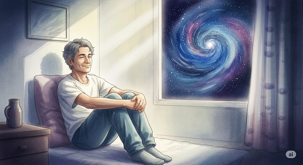 一人暮らしで内なる声を聞くことを象徴する、窓の外に宇宙が広がる部屋で静かに座る人物。