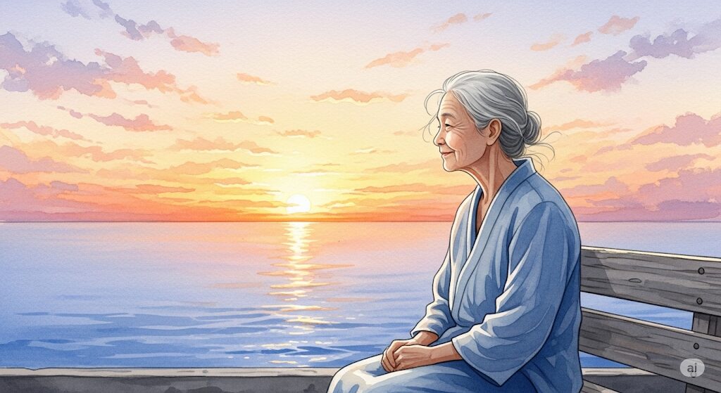 老後のスピリチュアルな備えを象徴する、美しい夕日を静かに眺める高齢者。
