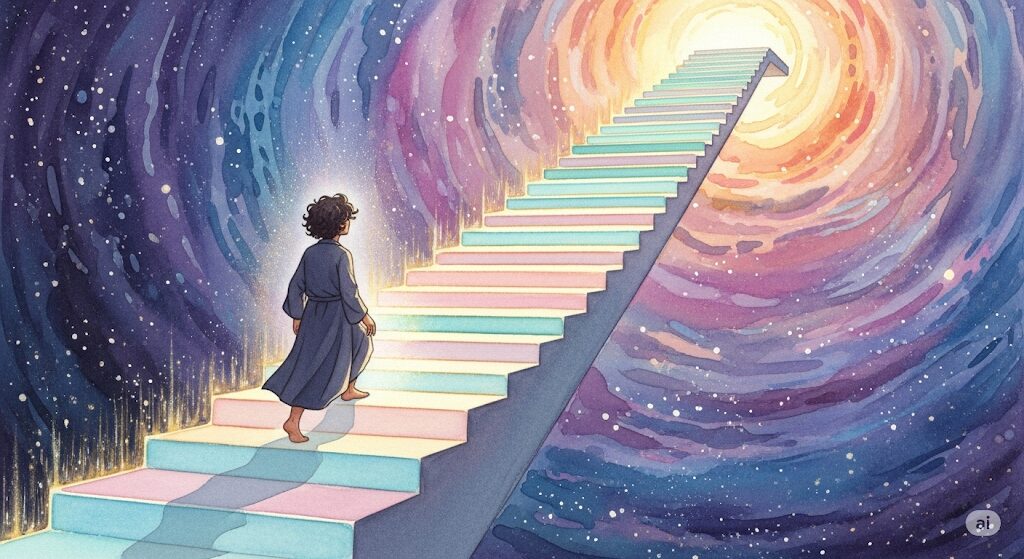 自己成長のサインである不安を象徴する、宇宙へと続く光の階段を一人で登り始める人物。
