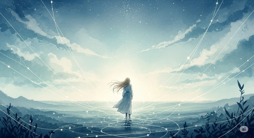 孤独の中で魂の繋がりを示す、広大な風景に一人立つ人物と、天と地を結ぶ光の糸の神秘的な水彩画。