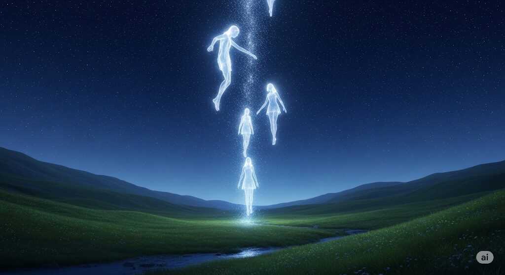 穏やかな夜空の下、光でできた半透明の存在が静かに舞い降りてくる幻想的な風景。
