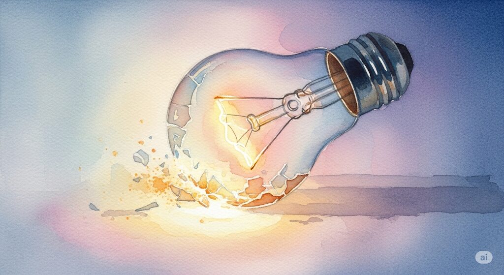 電球の寿命や破損を暗示する、神秘的な水彩画。