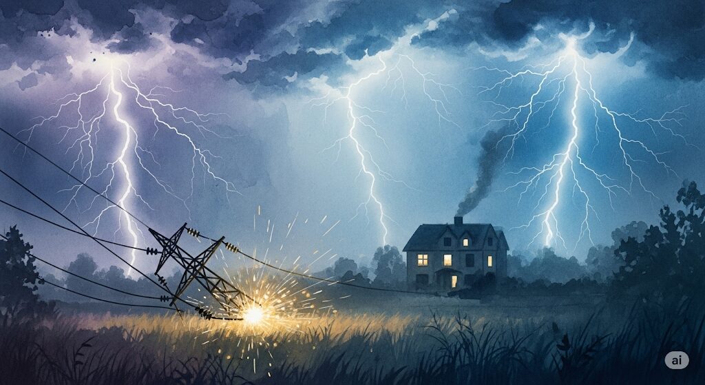 停電の物理的原因を示す、神秘的な水彩画。