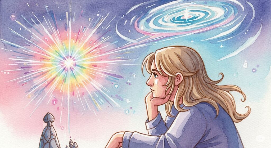 現象を熟考し、観察する人物を描いた神秘的な水彩画。