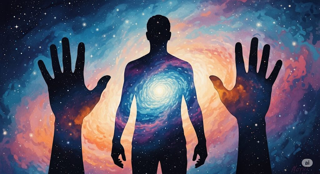 "宇宙を背景に大きな手を持つ男性のシルエットが描かれ、その思慮深い性格を象徴する神秘的な水彩画