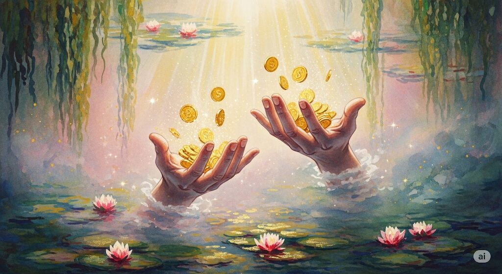 金貨と光を掴む大きな手が描かれ、金運と仕事運の良さを象徴するスピリチュアルな水彩画"