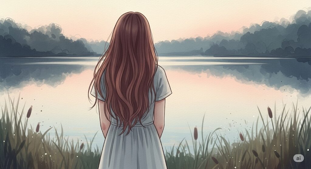 水辺を見つめる女性の後ろ姿