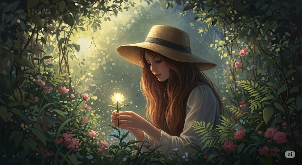 光る花を手に取り見つめる女性