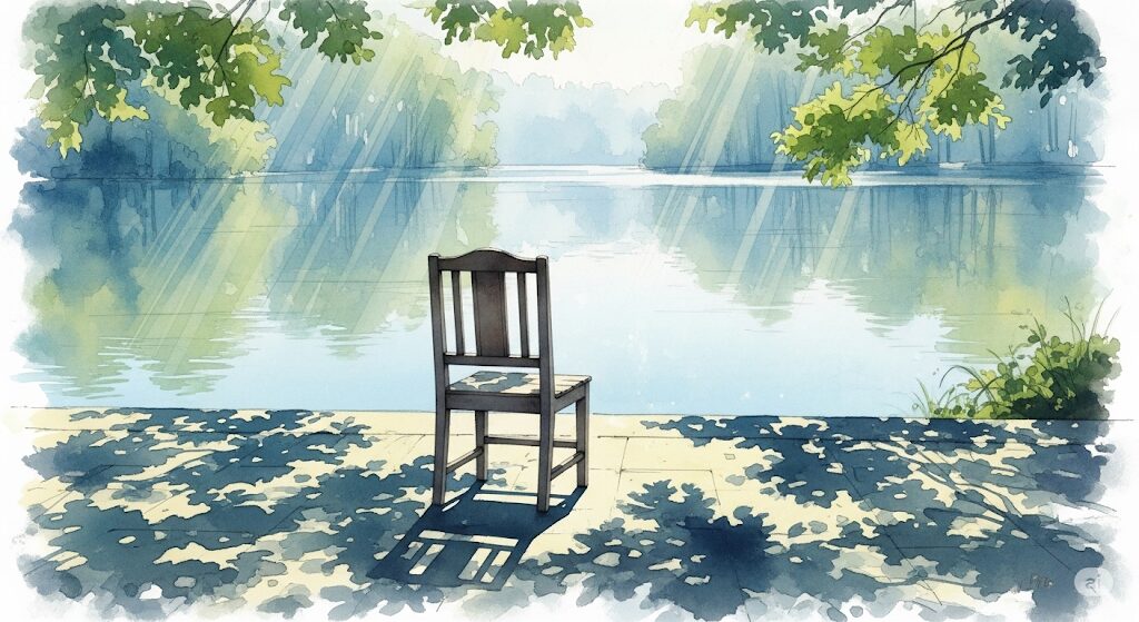 穏やかな水面を見下ろす、日当たりの良いパティオに置かれた一脚の空の椅子。静けさと内省を表現した水彩画