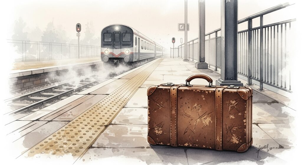 ホームに置かれたスーツケースと遠ざかる電車。見送られた旅と、旅行に行けなくなるスピリチュアルなメッセージを象徴する情景