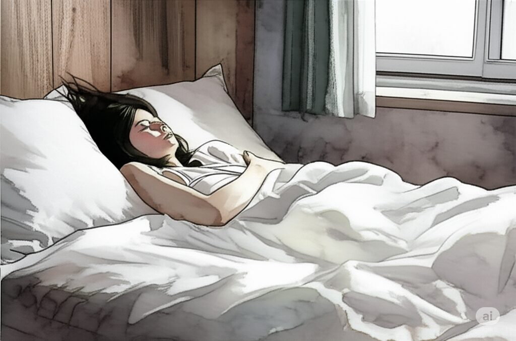 ベッドで眠る女性。窓から差し込む光と静けさが、休息と回復の必要性を示す水彩画
