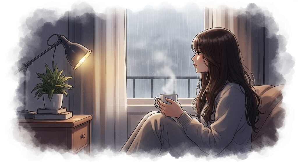 静かな部屋で雨の日の窓の外を眺める女性。内省と自己対話、内面と向き合う時間の大切さを表現した水彩画