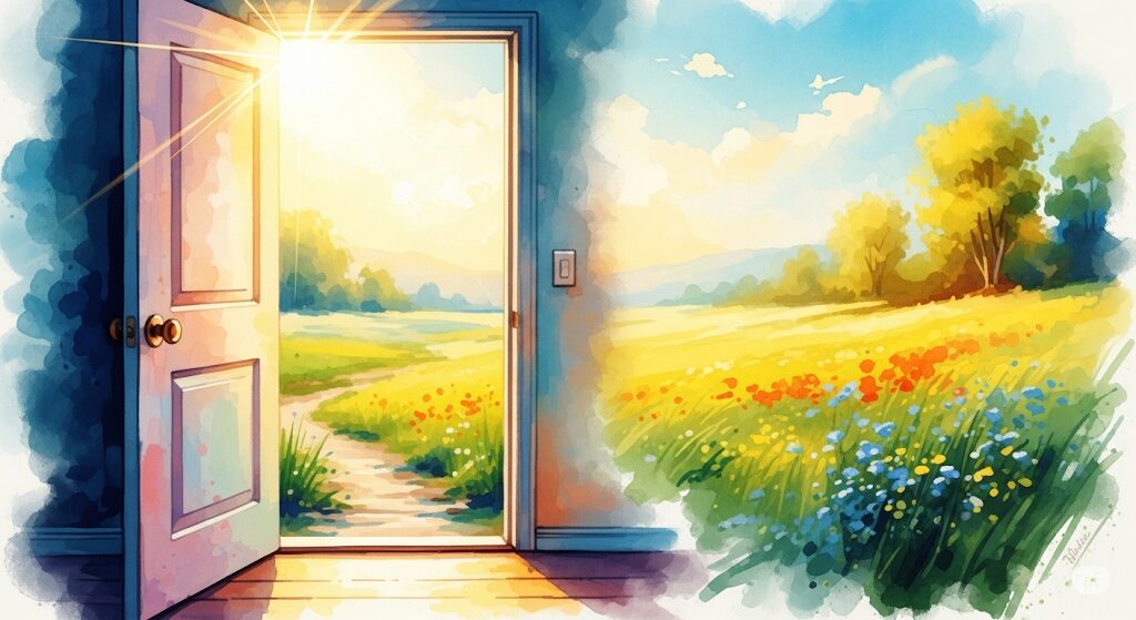 開かれた扉の向こうに広がる明るい風景。新しいチャンスと始まりを象徴する、希望に満ちた水彩画