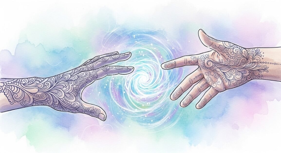 困っている人に差し伸べられる手と、それを取り巻くスピリチュアルな光。