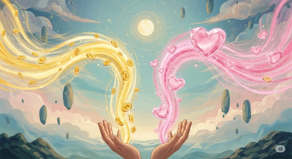 人助けによって金運と恋愛運が上昇する様子を象徴する、金とピンクの神秘的なエネルギーの流れ。