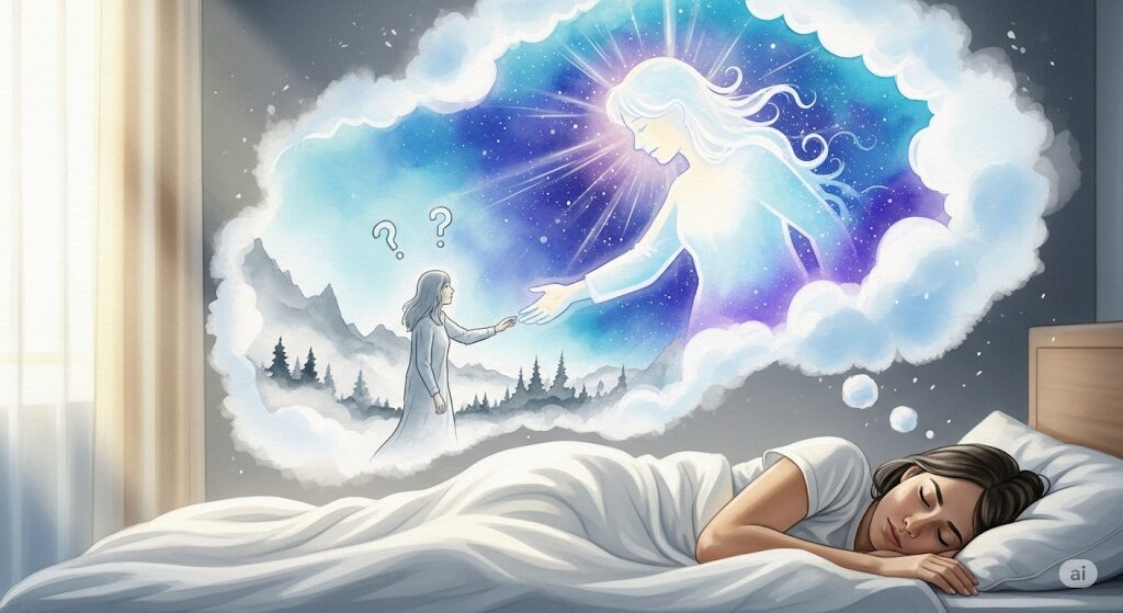 眠っている人の上に浮かぶ夢の中で、困っている人を助ける様子が描かれた神秘的な水彩画。