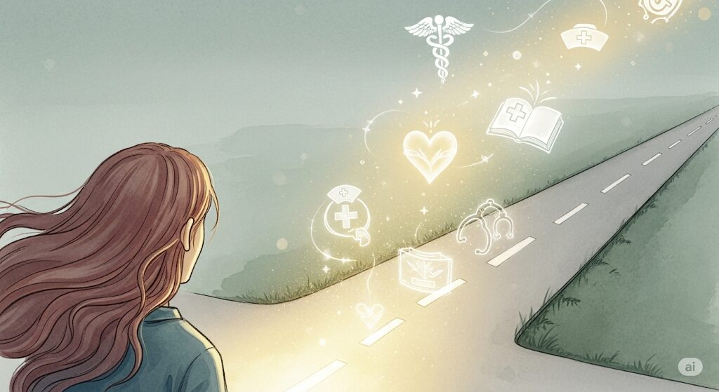 人助けを仕事にするための転職と適性を象徴する、光り輝く道と職業シンボルが描かれたイラスト。