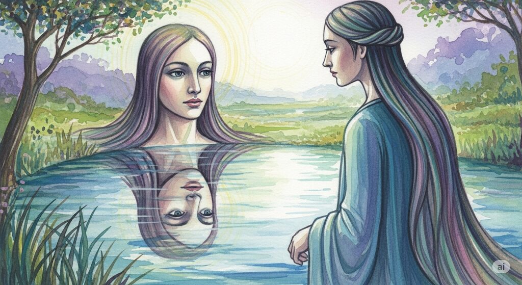 水面に映る自分の顔が別人のように変化する様子を静かに見つめる人物を描いた、日によって顔が変わる人へのメッセージを込めた神秘的な水彩画