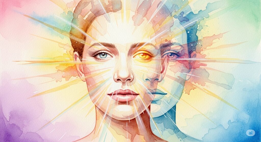 内なる光を放ちながら、顔つきが徐々に変化していく様子を描き、魂の成長が人相に与える影響を表現した神秘的な水彩画