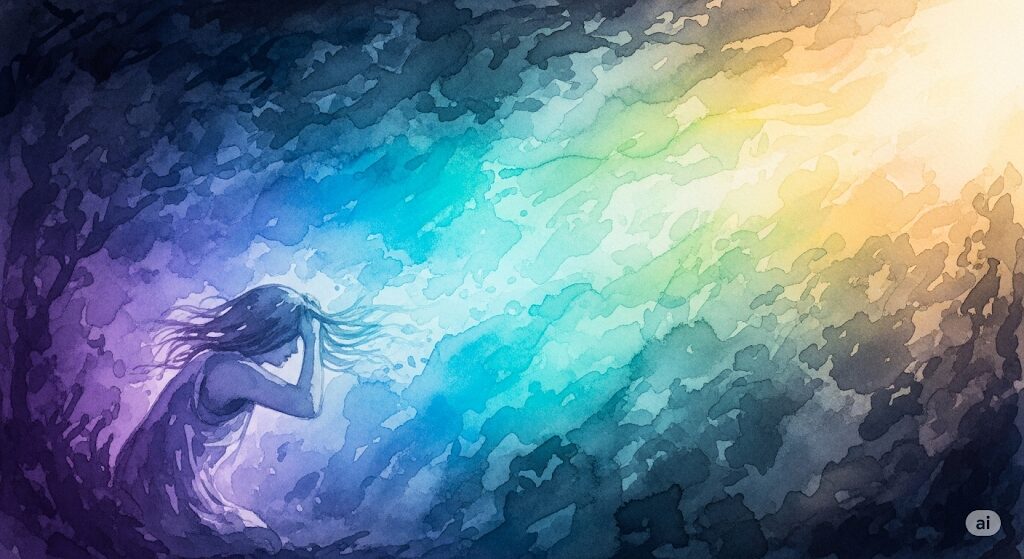 暗闇の中で人物が頭を抱え、そこから虹色の光が現れる様子。掃除後のスピリチュアルな好転反応の概念を表現。